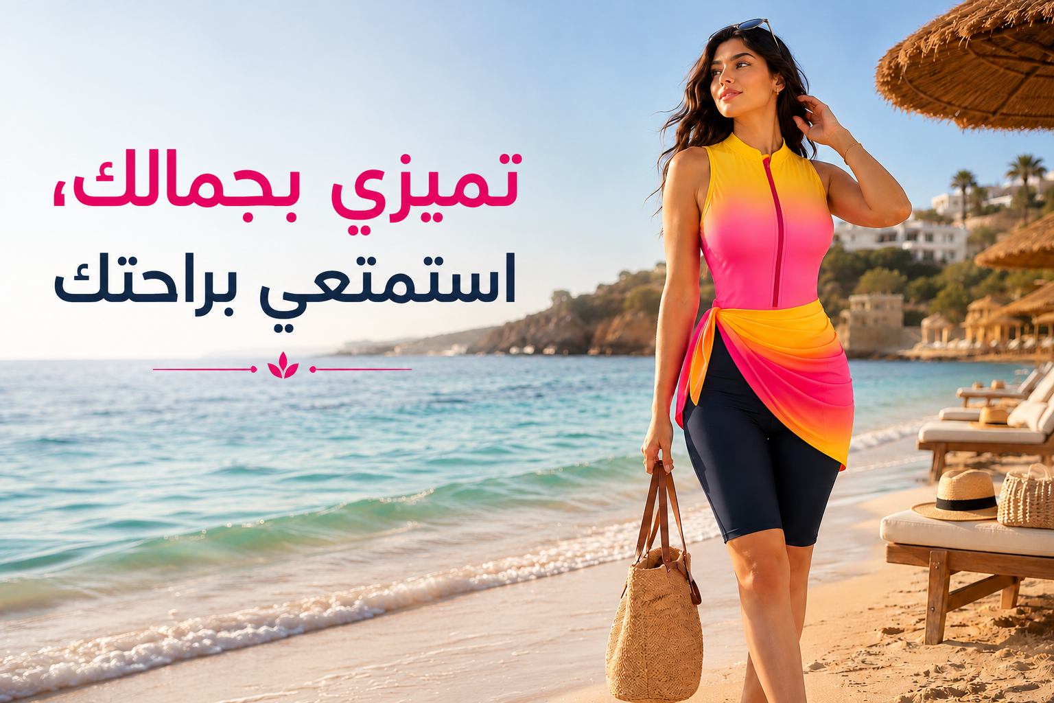 Femme élégante en tenue de bain colorée sur la plage